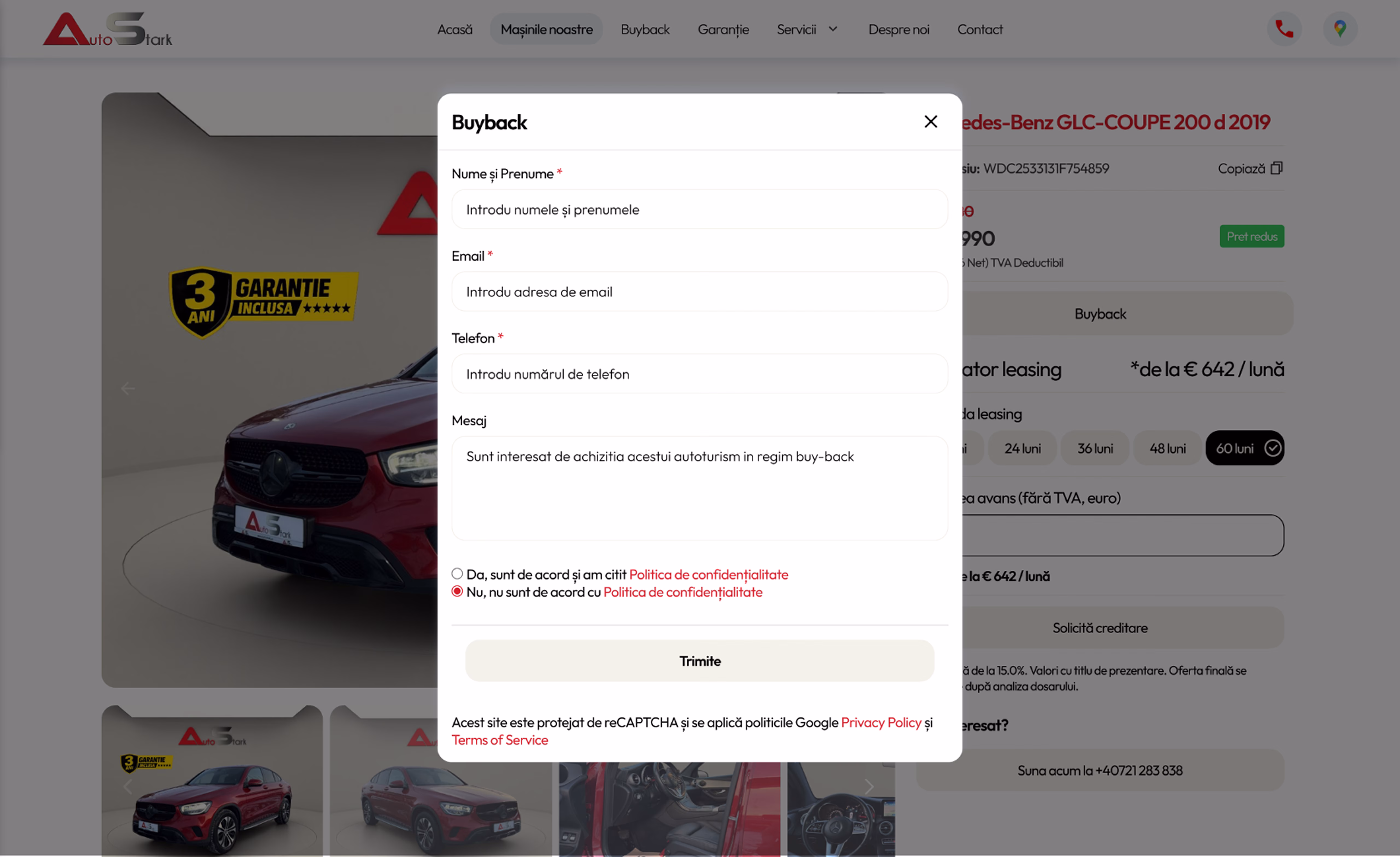 Buyback request modal with name, email, phone and message fields over the vehicle page