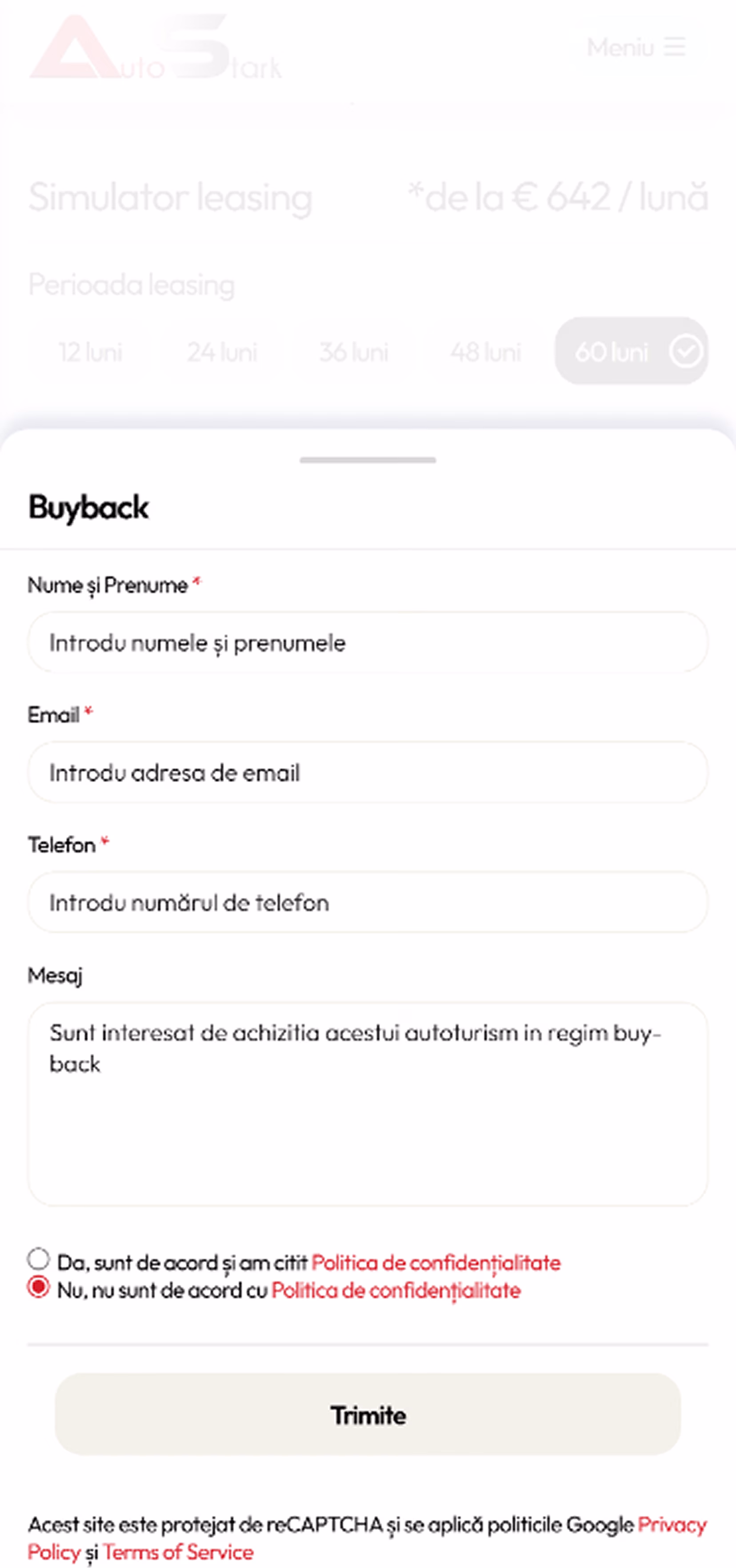 Buyback request modal on mobile over the leasing simulator