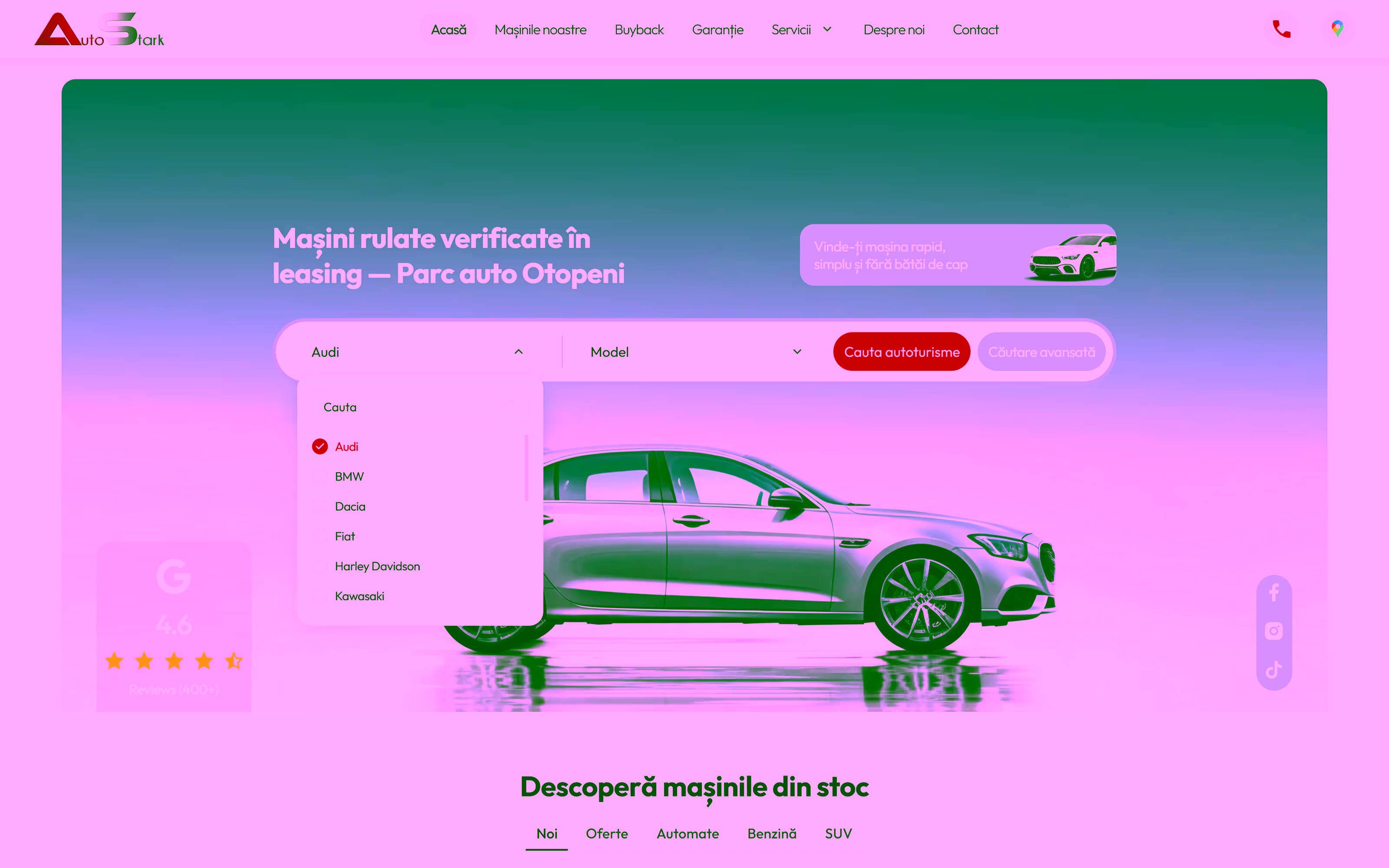 Homepage hero quick-search with the multi-select make dropdown open