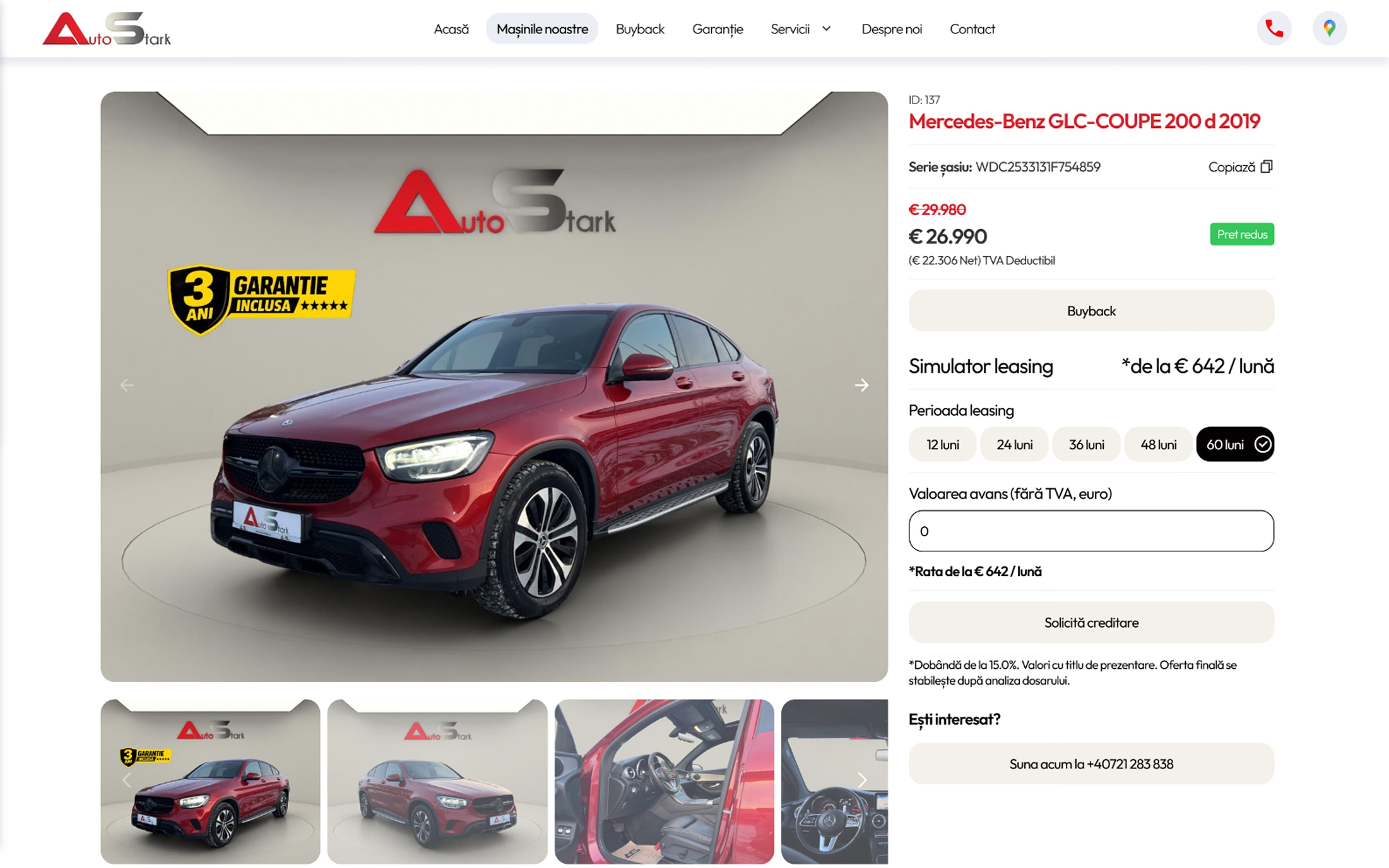 Vehicle detail page with gallery, copyable VIN and the live leasing simulator