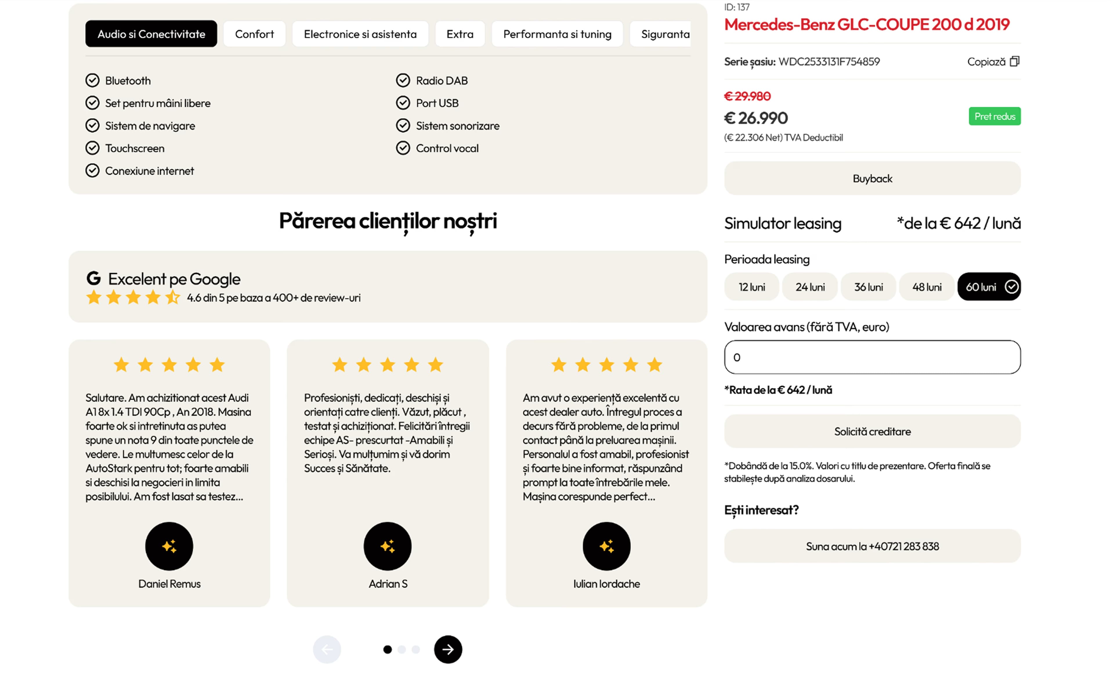Vehicle page equipment tabs above the Google reviews carousel, with the leasing simulator rail