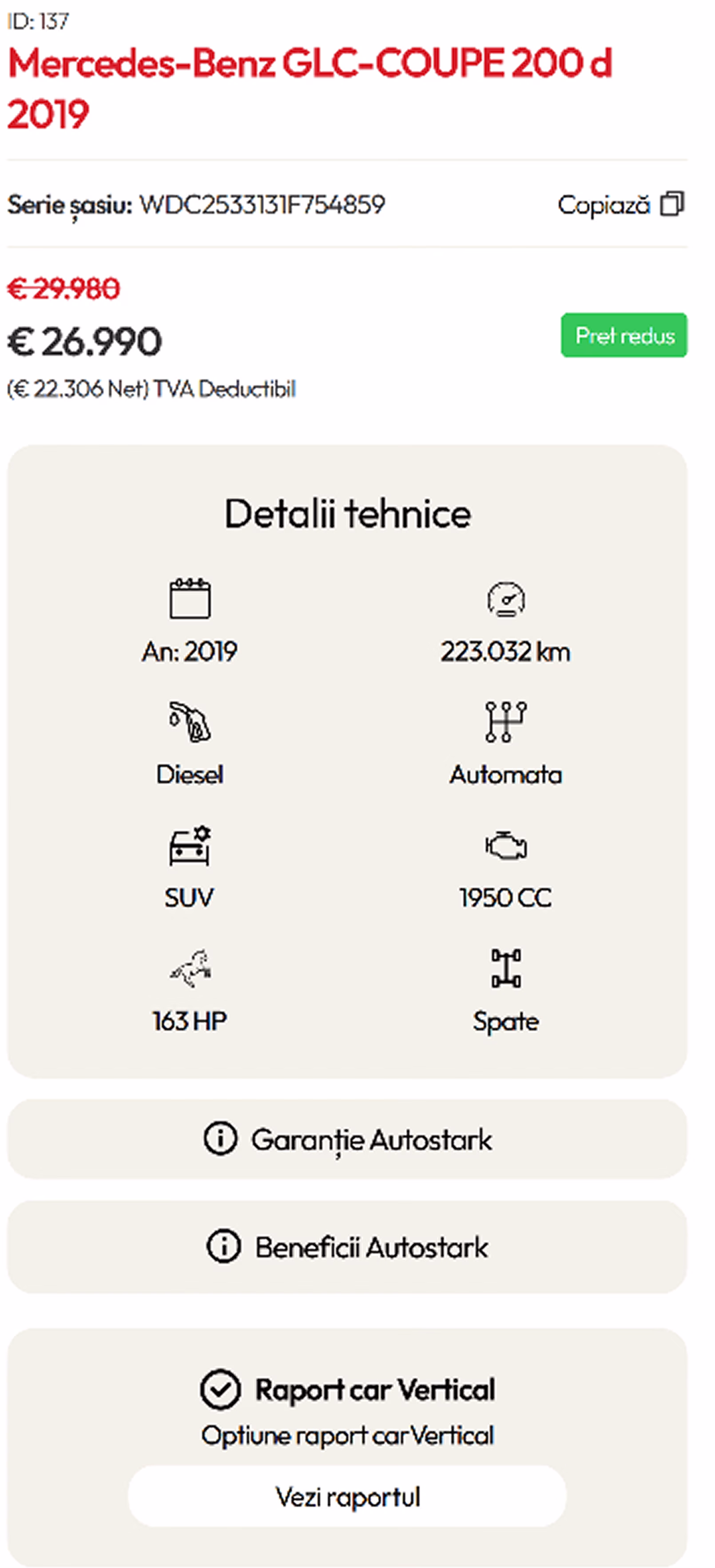Vehicle page spec grid on mobile with copyable VIN, warranty and CarVertical report sections