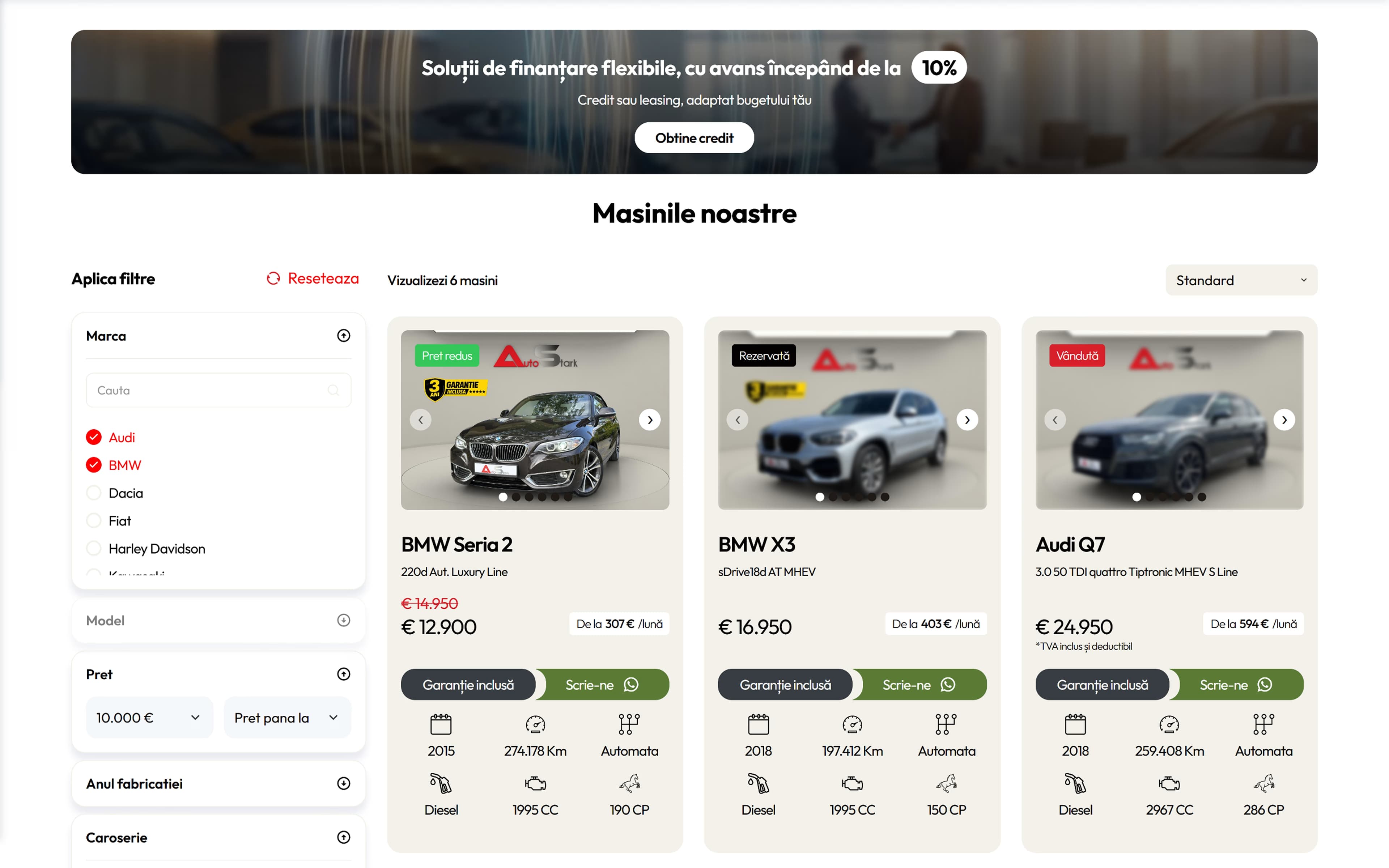 Stock listing with its 10-filter rail and vehicle cards
