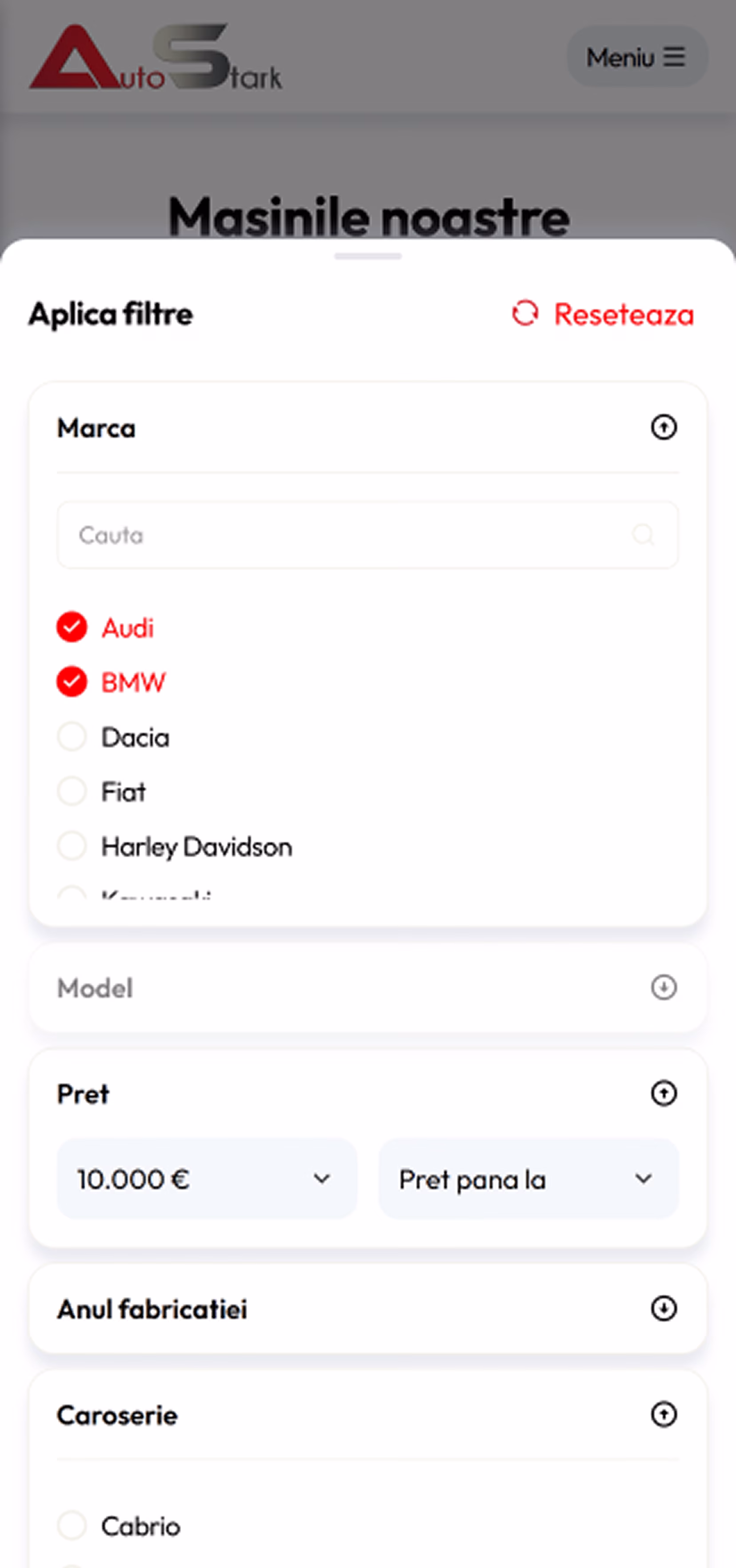 Mobile filter sheet with brand search, model, price, year and body-type controls