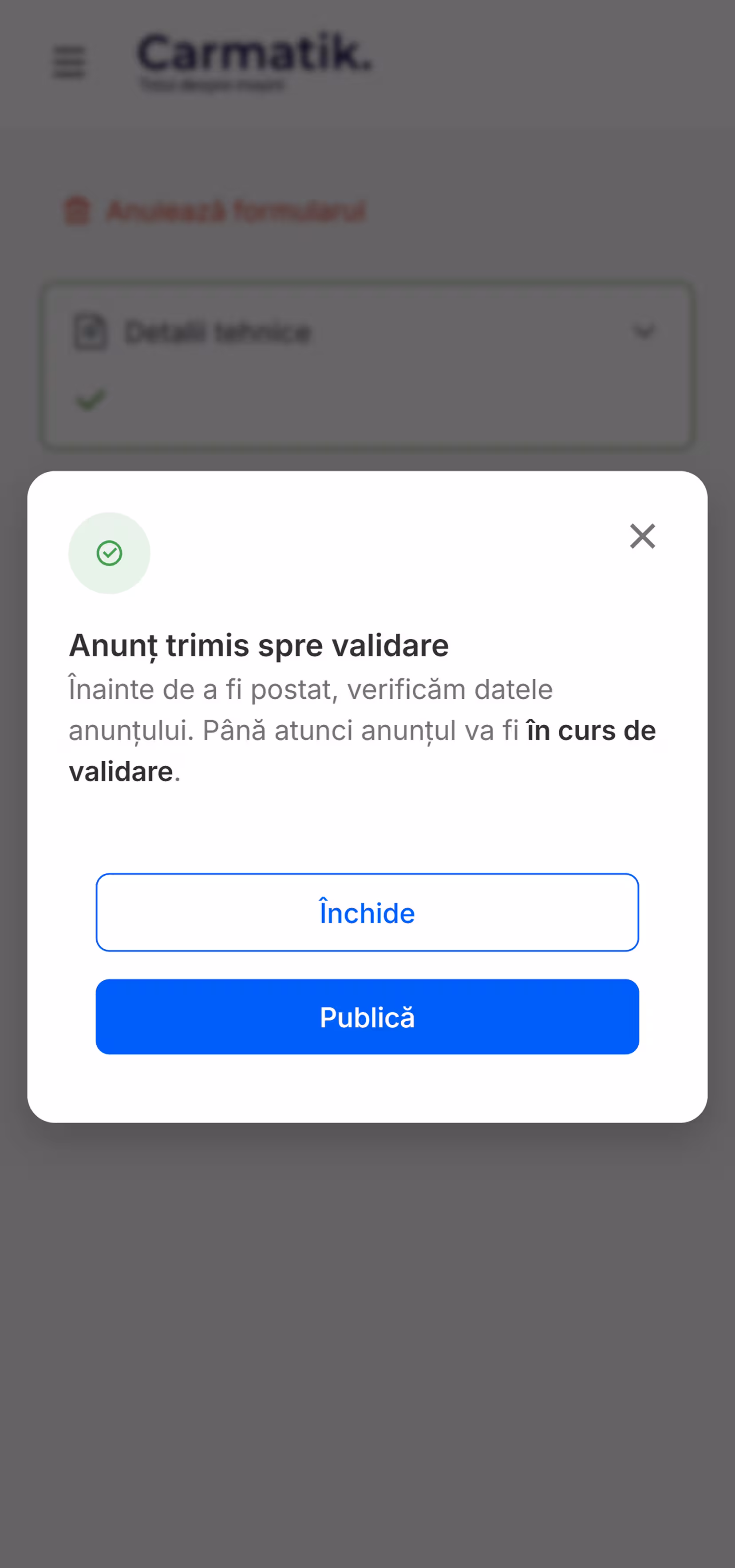 The send-to-validation confirmation on mobile