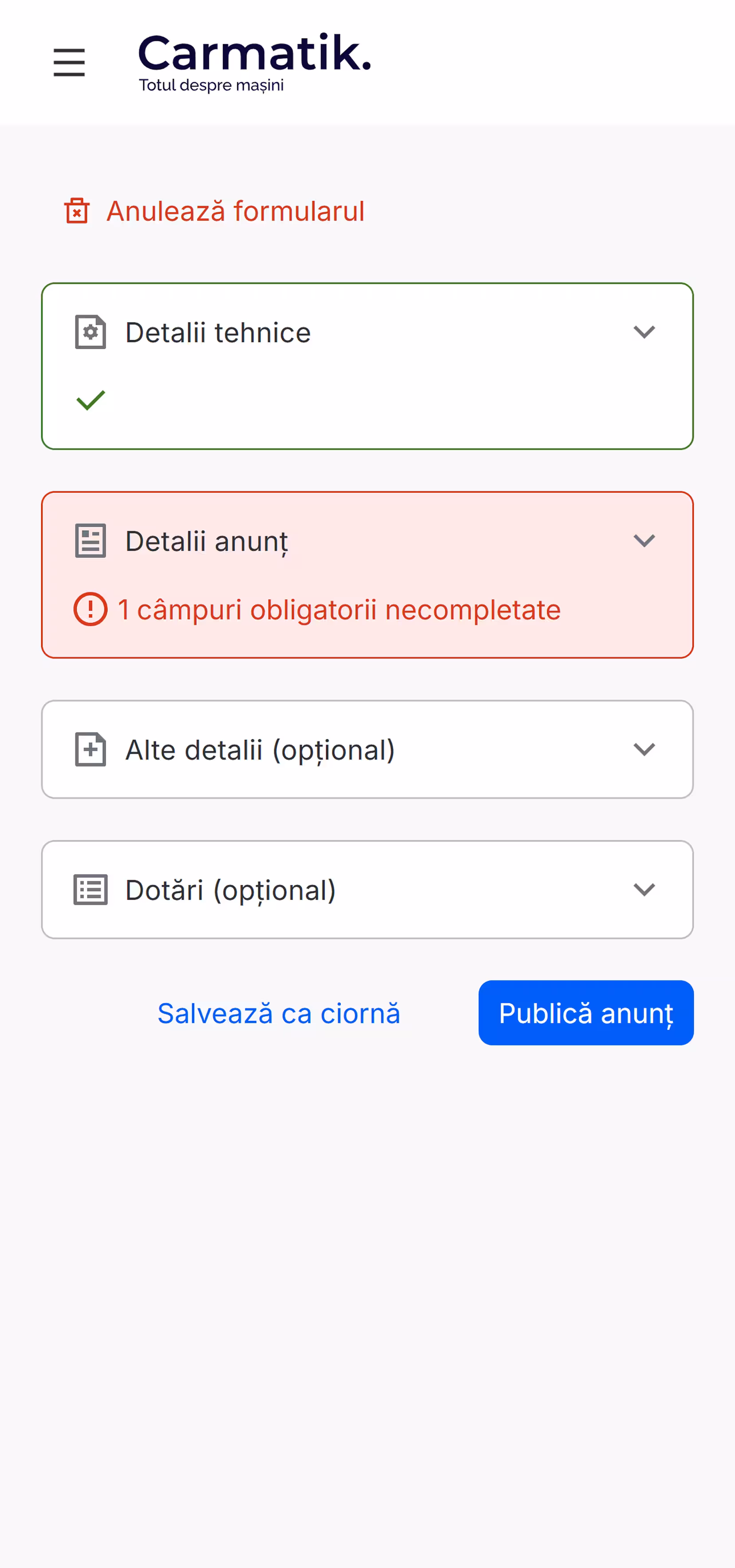The add-car form on mobile