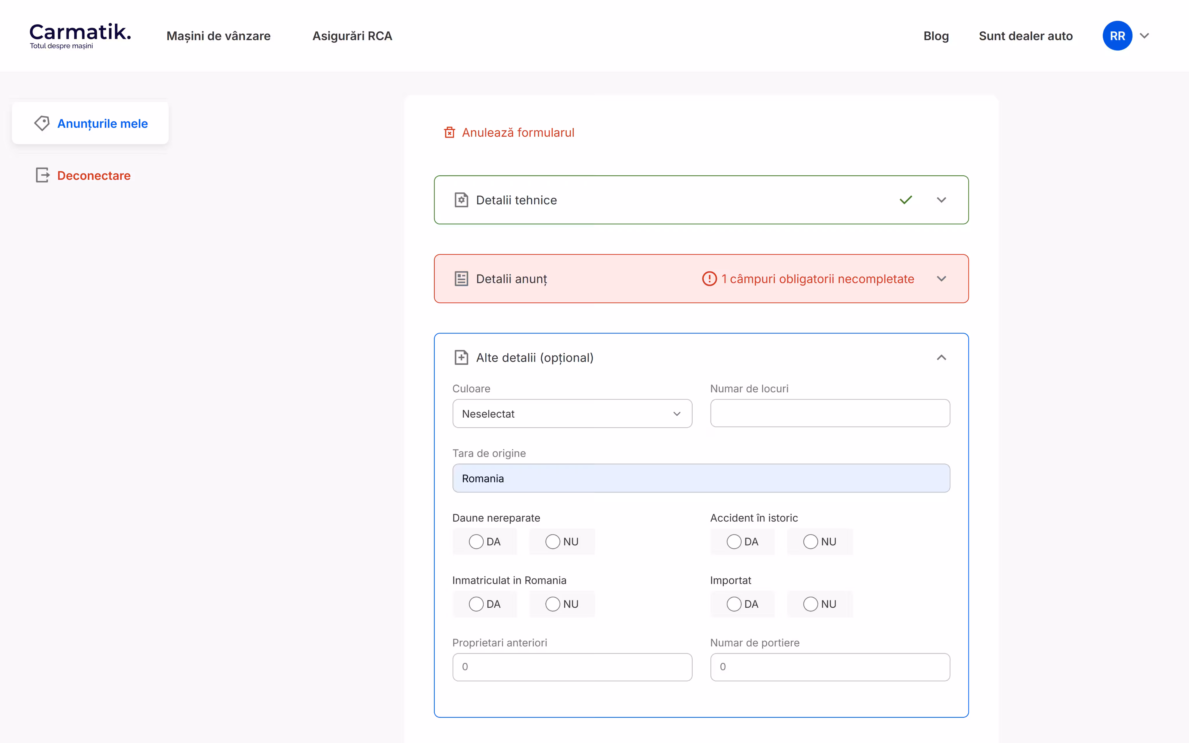 Add-car form showing a completed section checkmark, a section flagging one missing required field, and the optional details section
