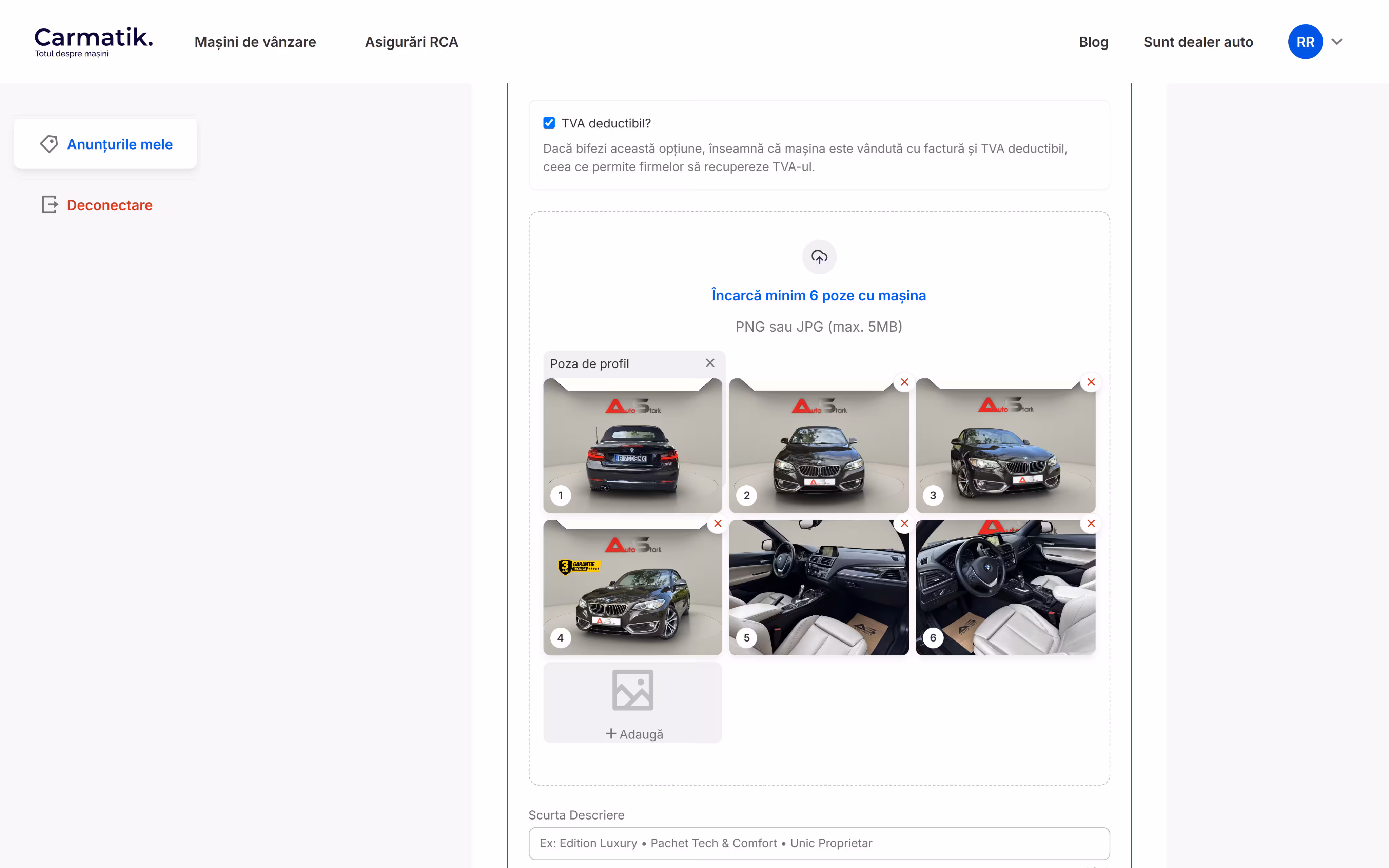 Photo upload with six numbered, reorderable photos, a profile-shot label, the VAT-deductible checkbox and a short description field