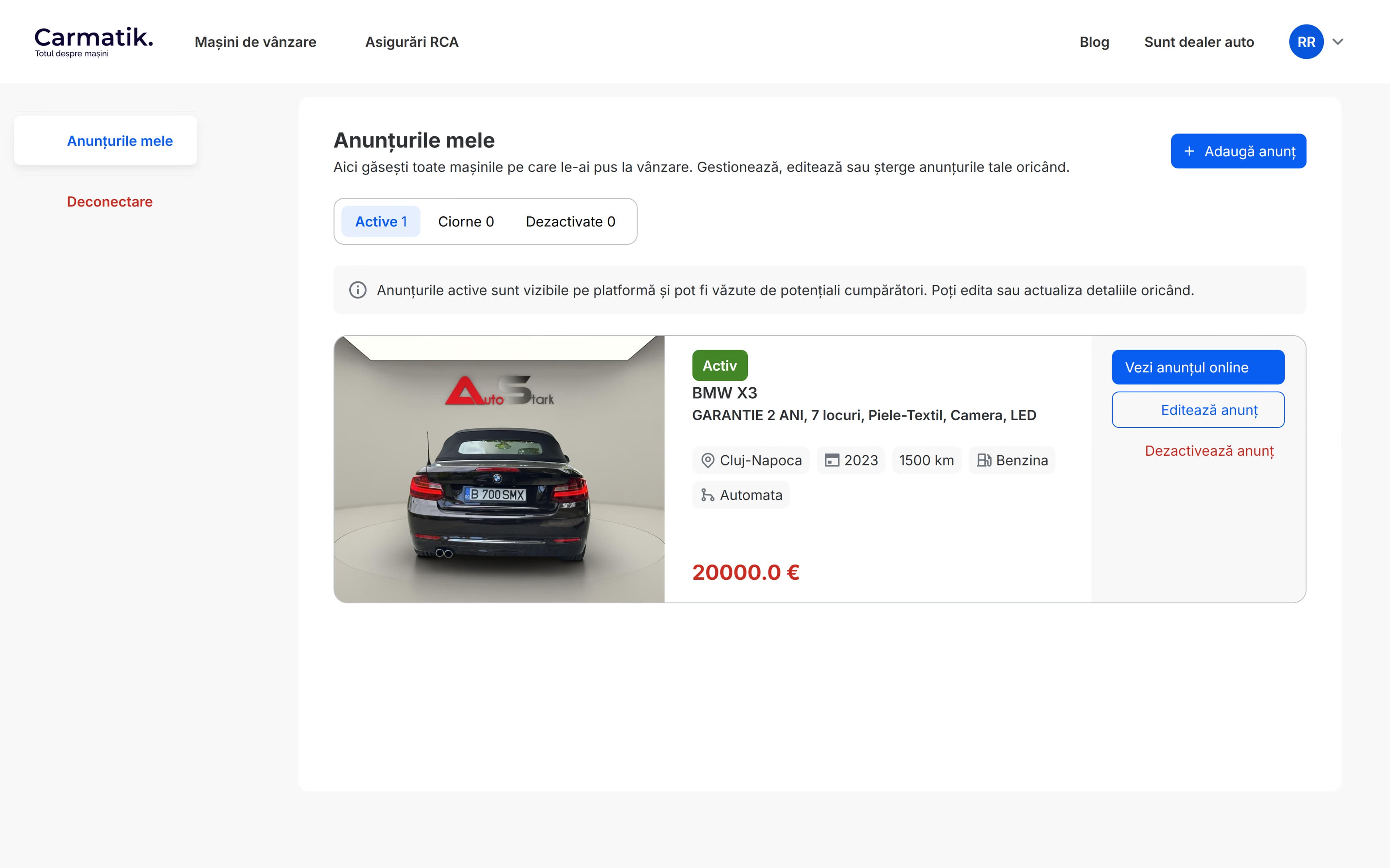 The my-listings dashboard with one active listing: the card shows an active badge, spec chips and price beside view, edit and deactivate actions