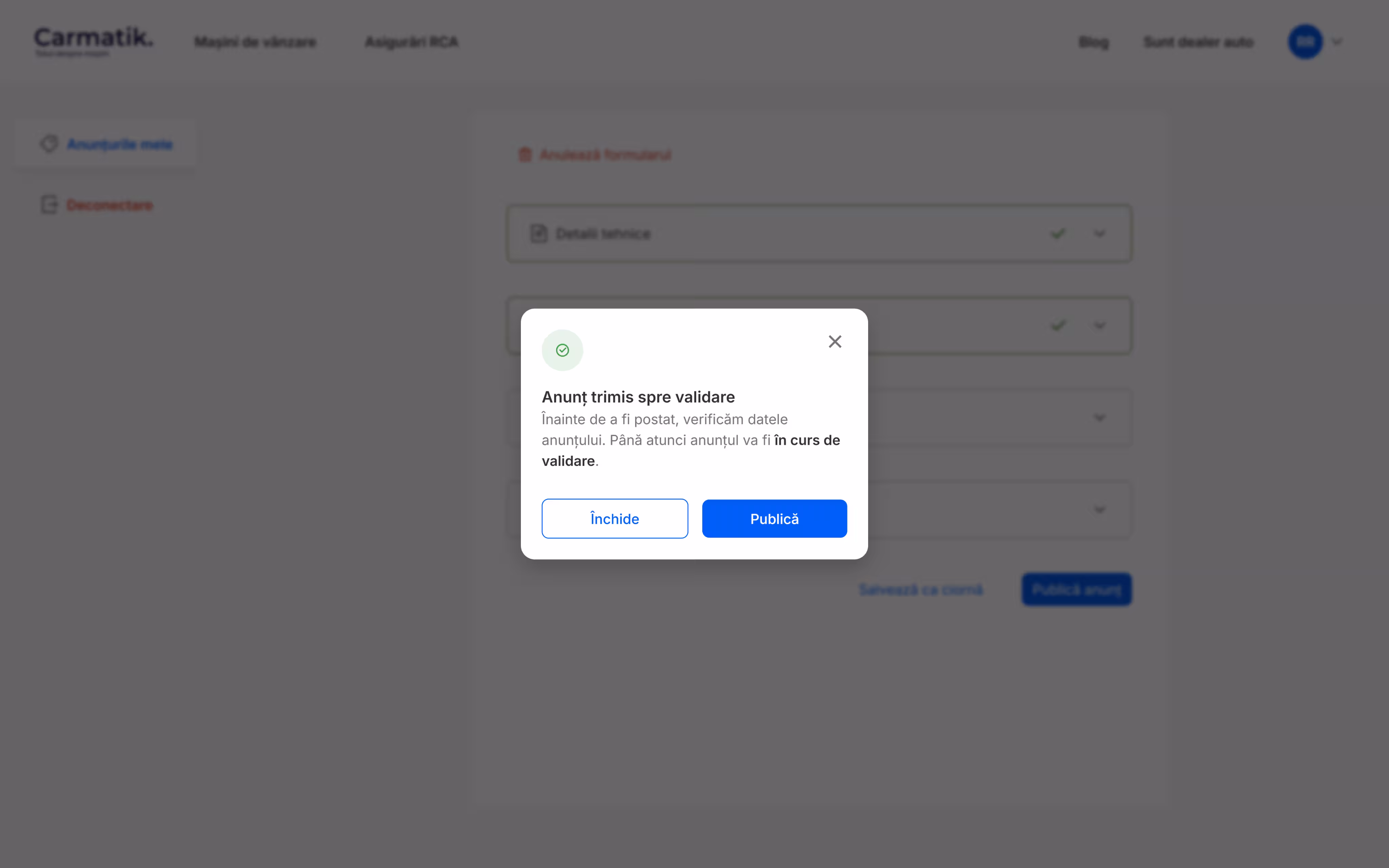 Confirmation modal: the listing was sent to validation and will be reviewed before going live