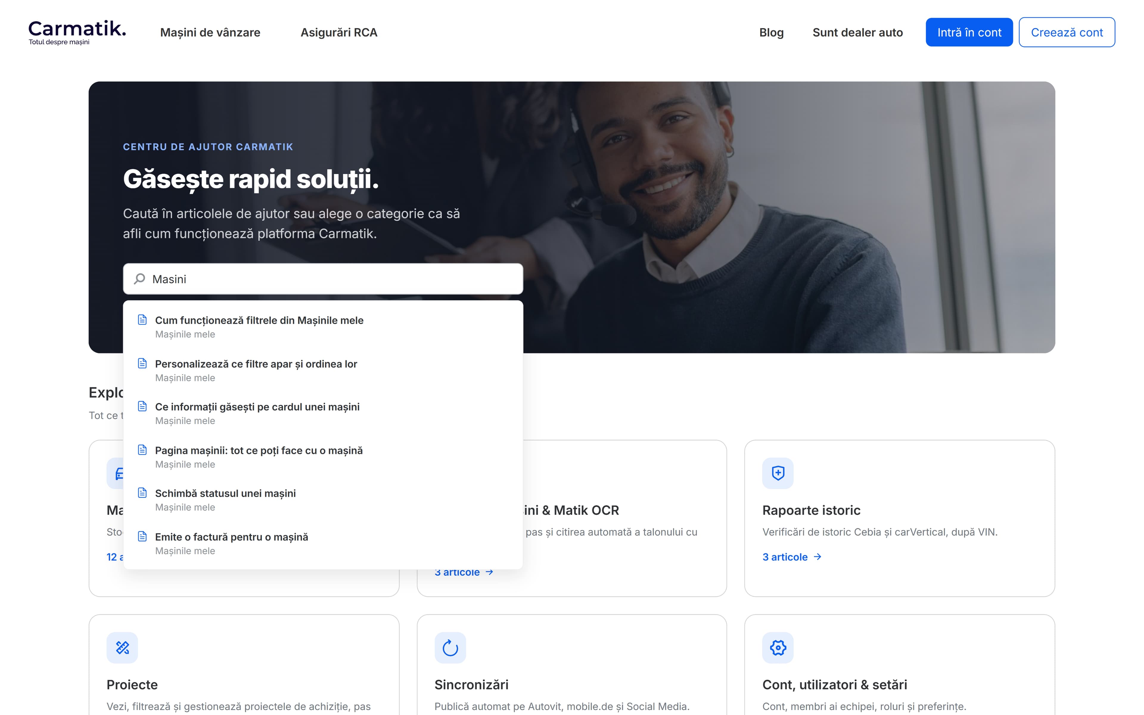 Help center home with live search suggestions open over the platform categories