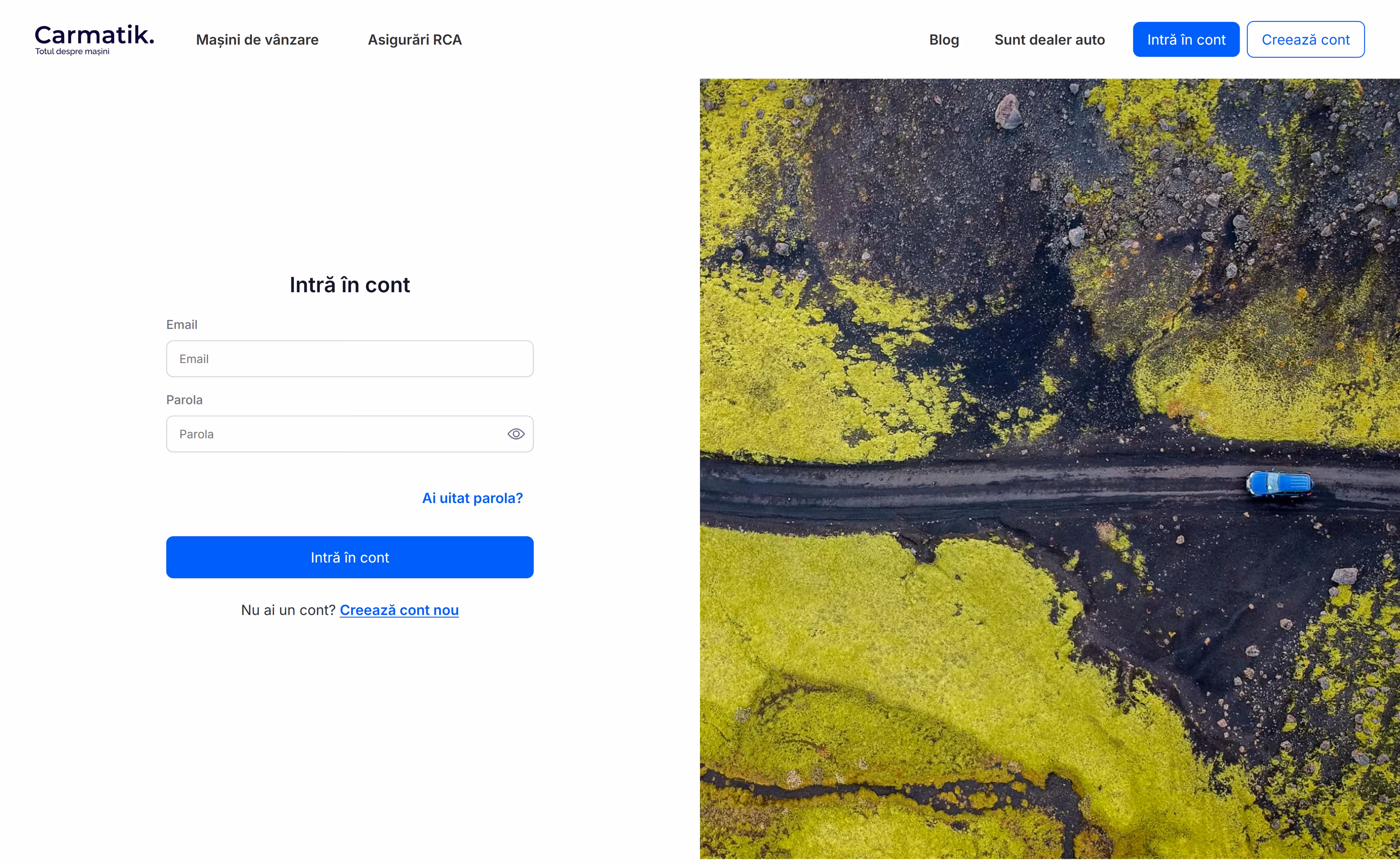 Carmatik login page: email and password form beside a full-height photo