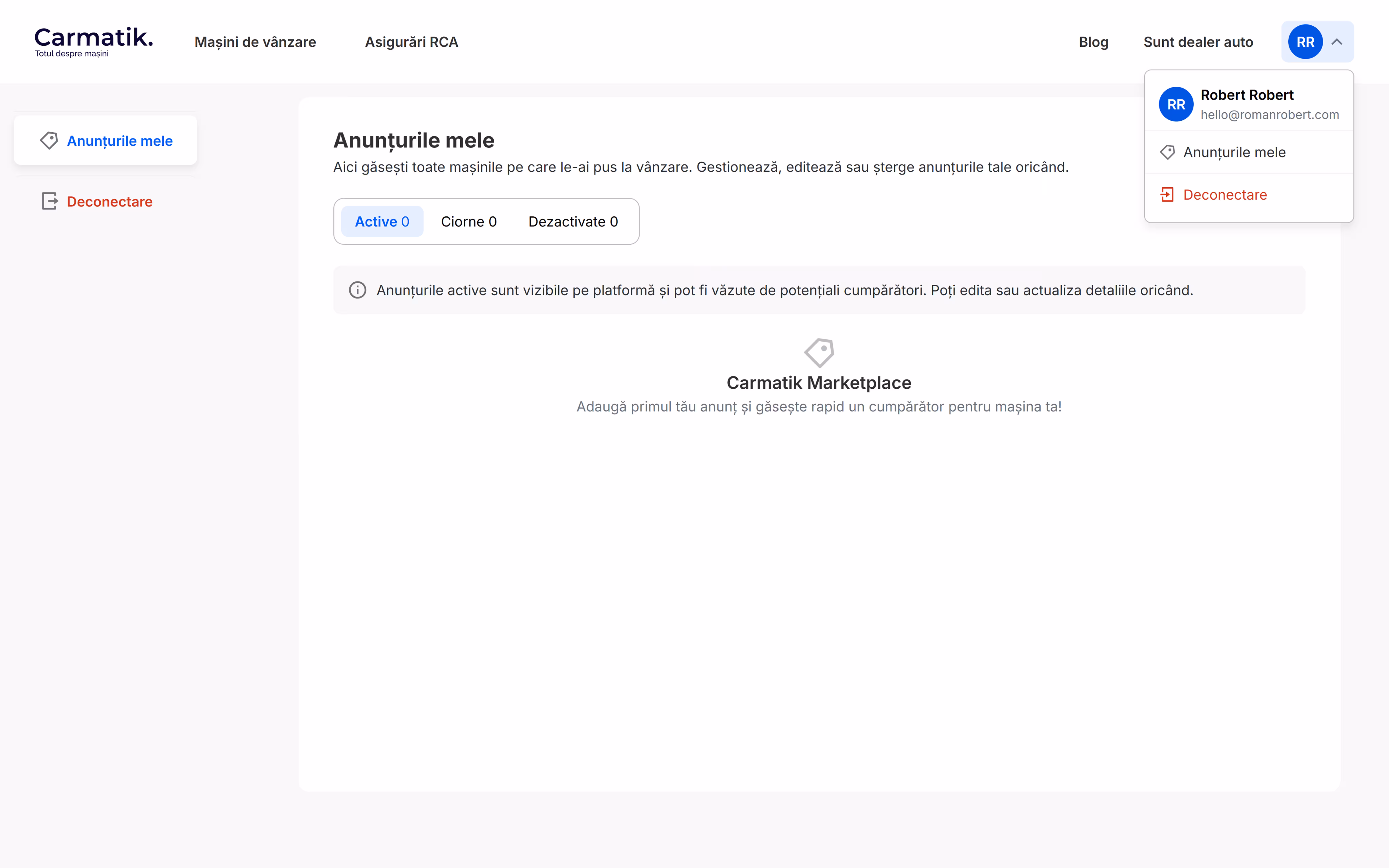 The my-listings dashboard with active, drafts and deactivated tabs, an empty state and the account dropdown