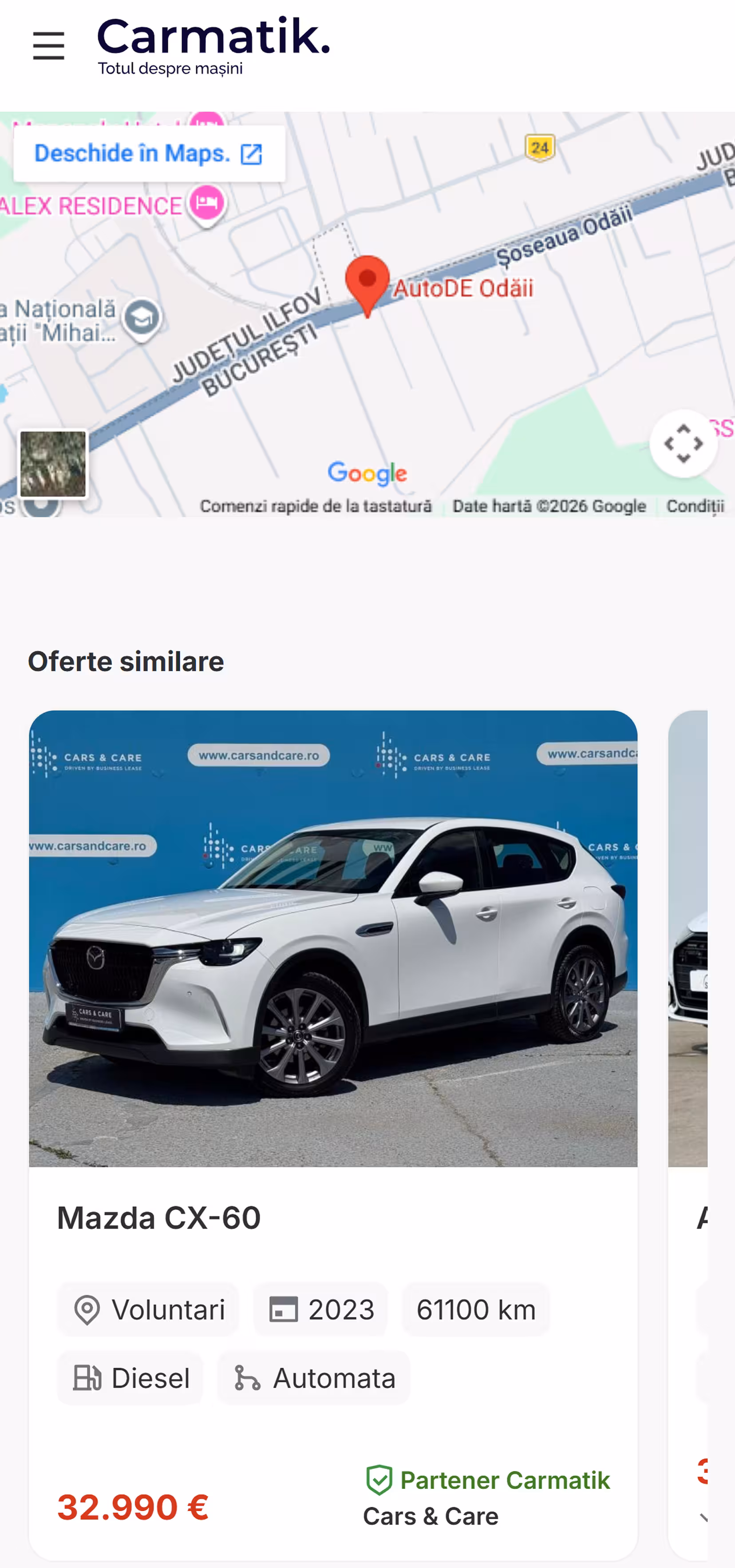 The dealer-location map and similar offers on the vehicle page on mobile