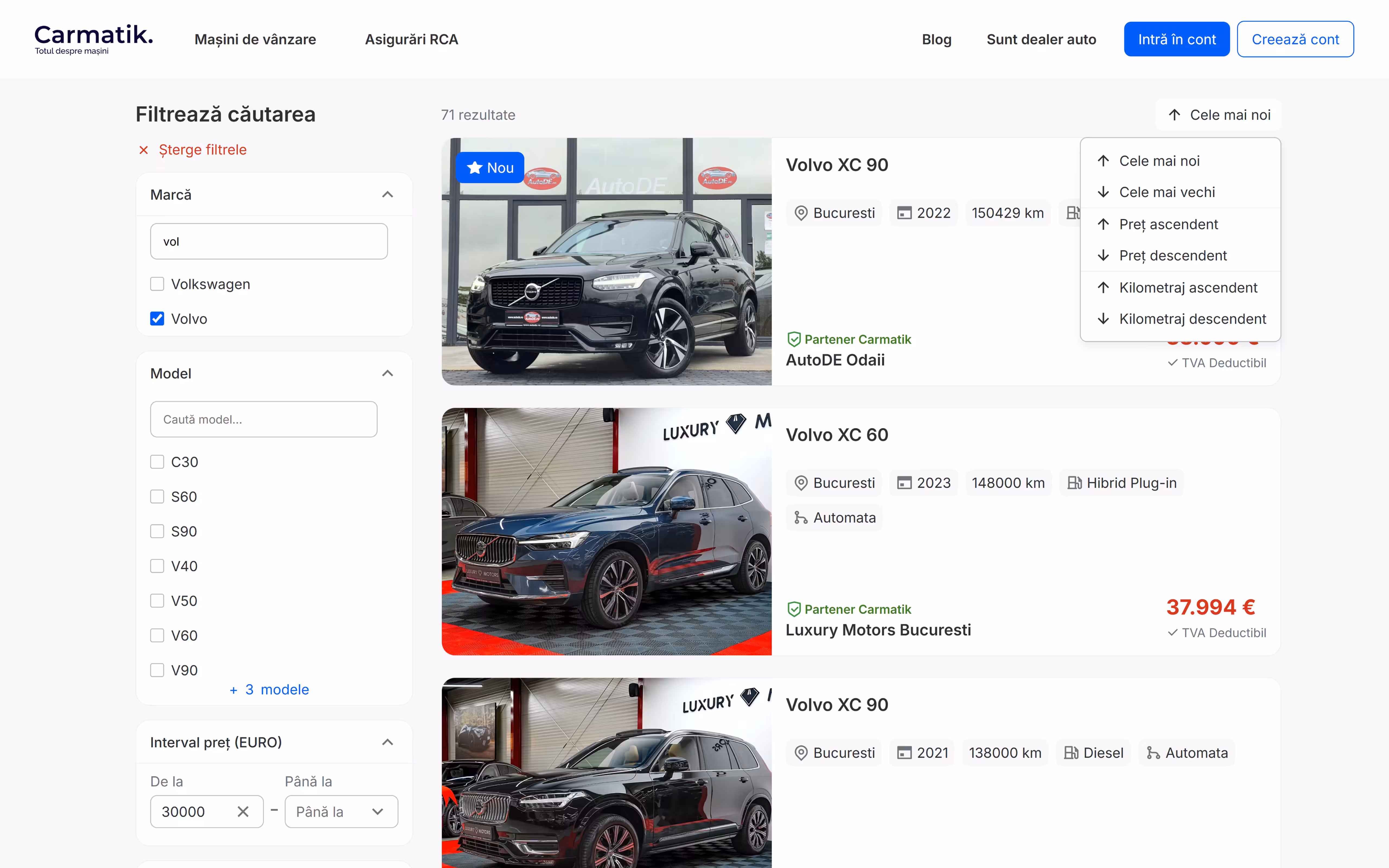Carmatik stock listing with the filter rail, sorting and vehicle cards