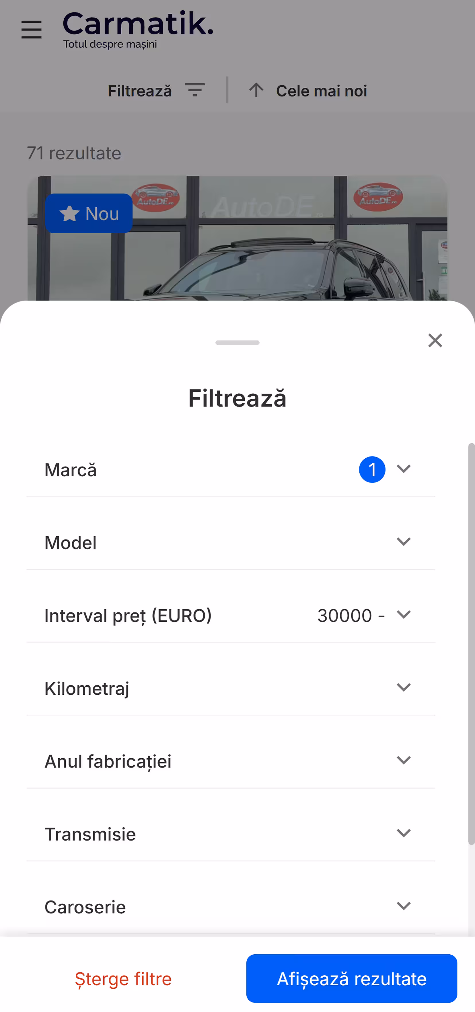 The mobile stock listing with the filter bottom sheet open