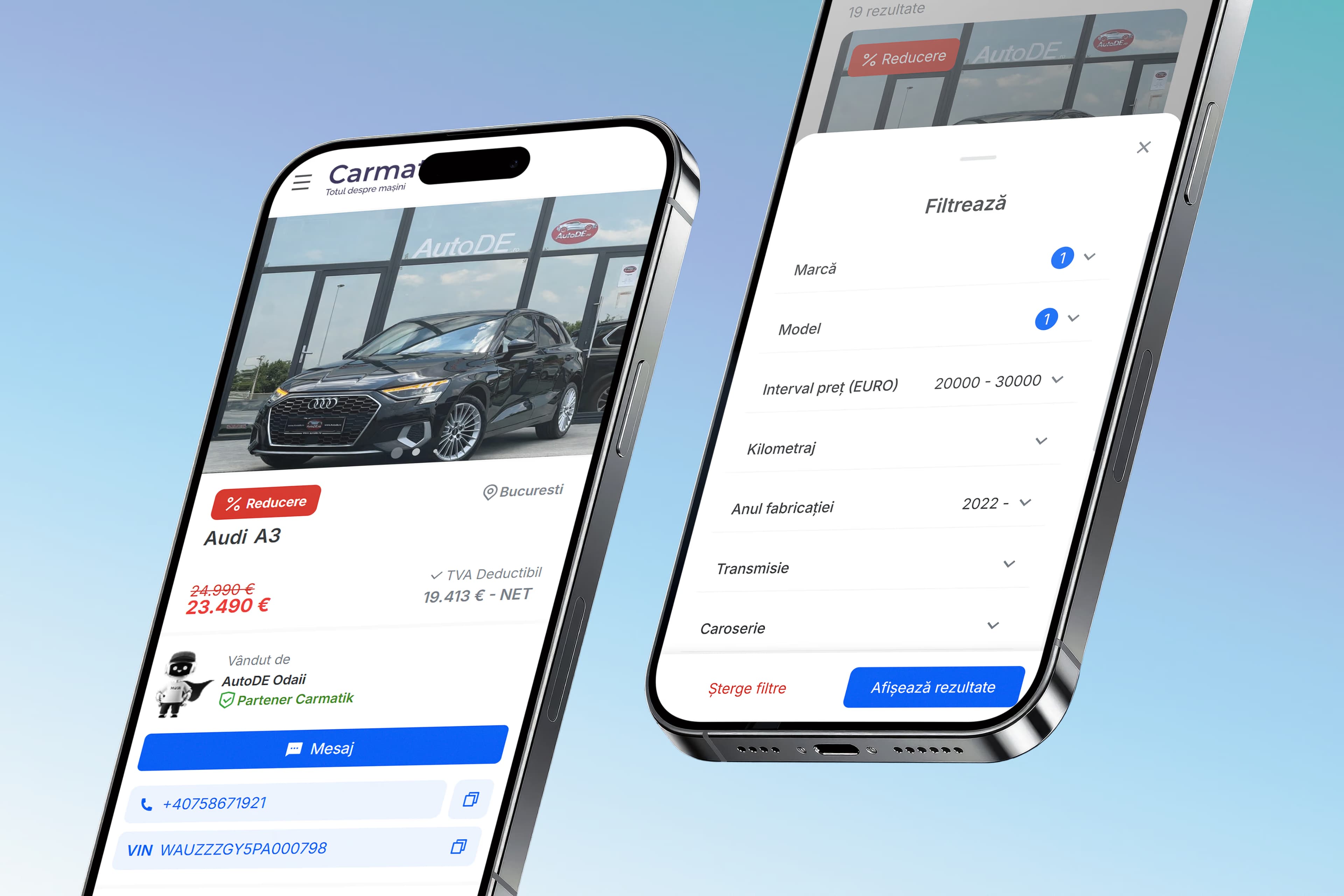 Two phone mockups of the Carmatik mobile storefront: a vehicle page for an Audi A3 with price and dealer contact, and the search filter sheet