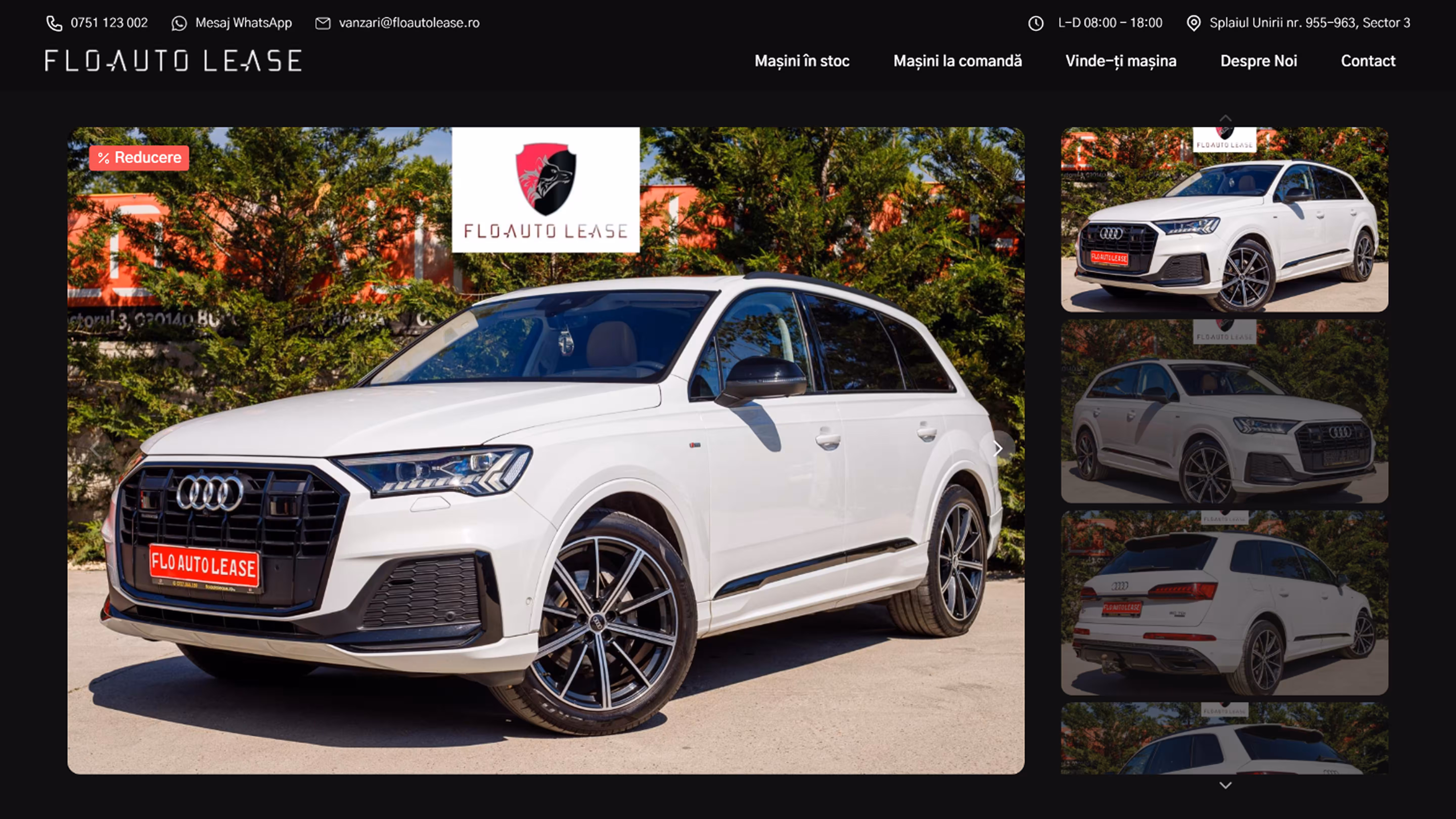 Vehicle detail page with gallery, spec grid and leasing simulator