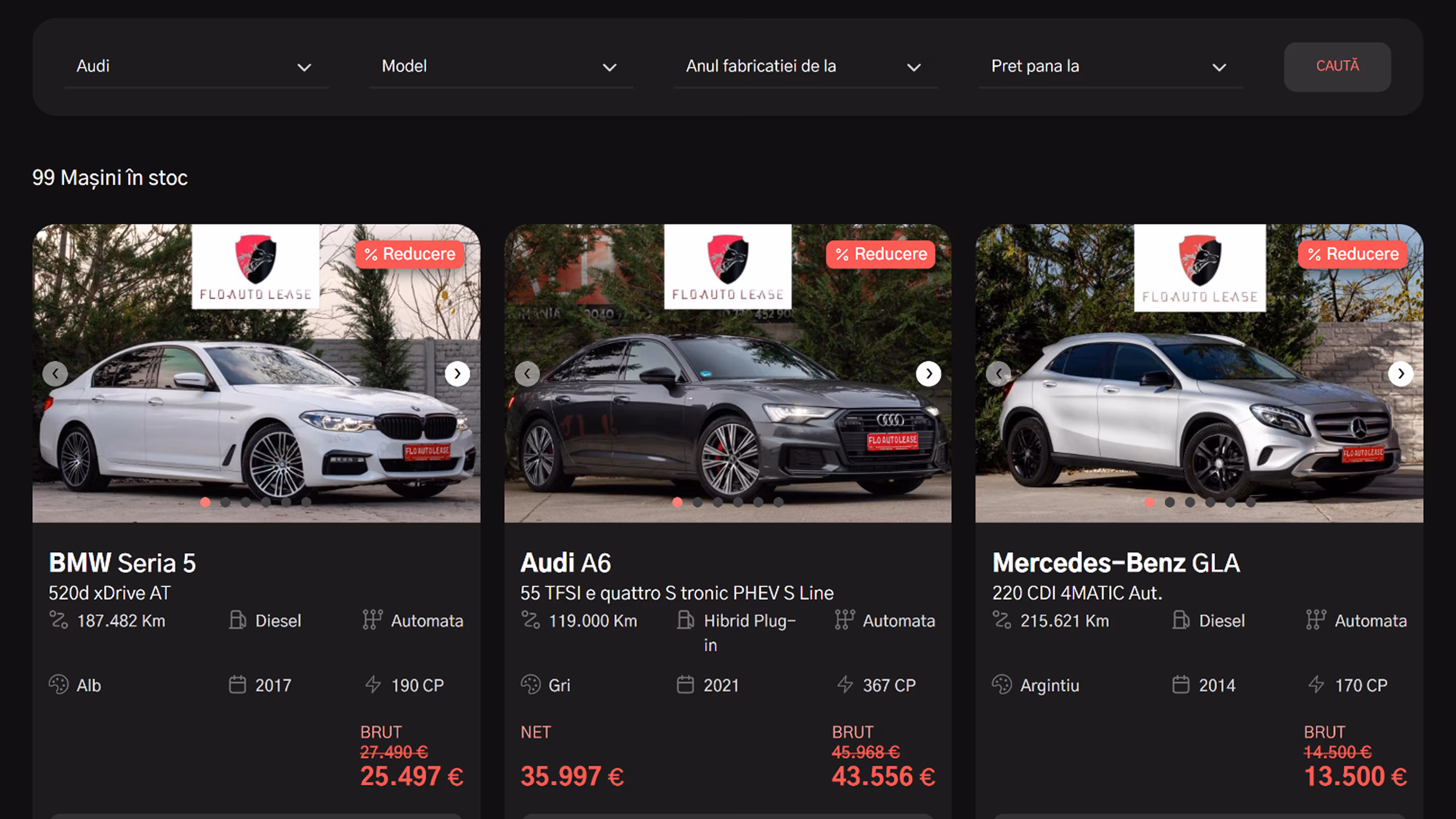 Stock listing with make/model/year/price filters and vehicle cards