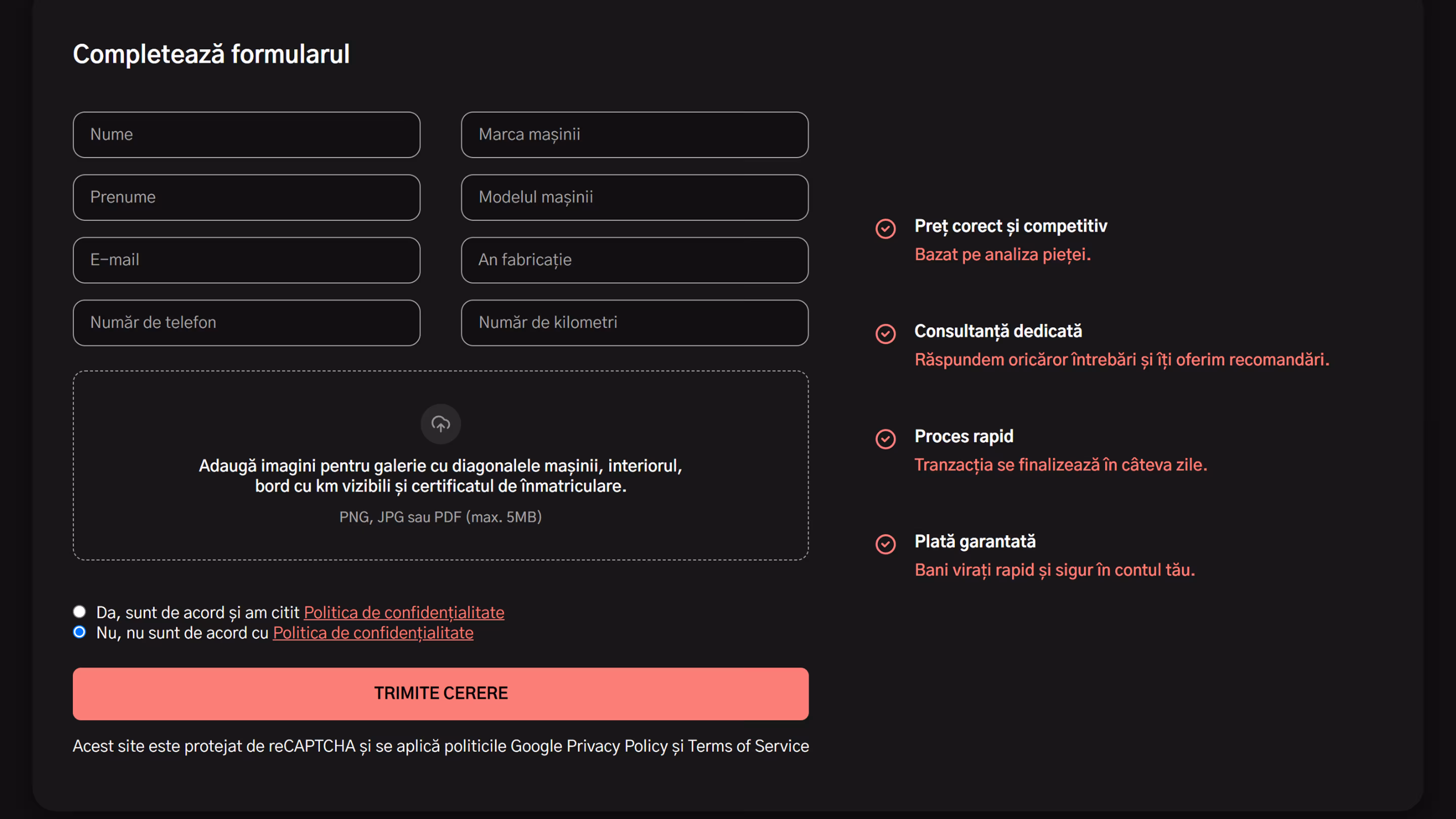 Sell-your-car form with a document-upload dropzone