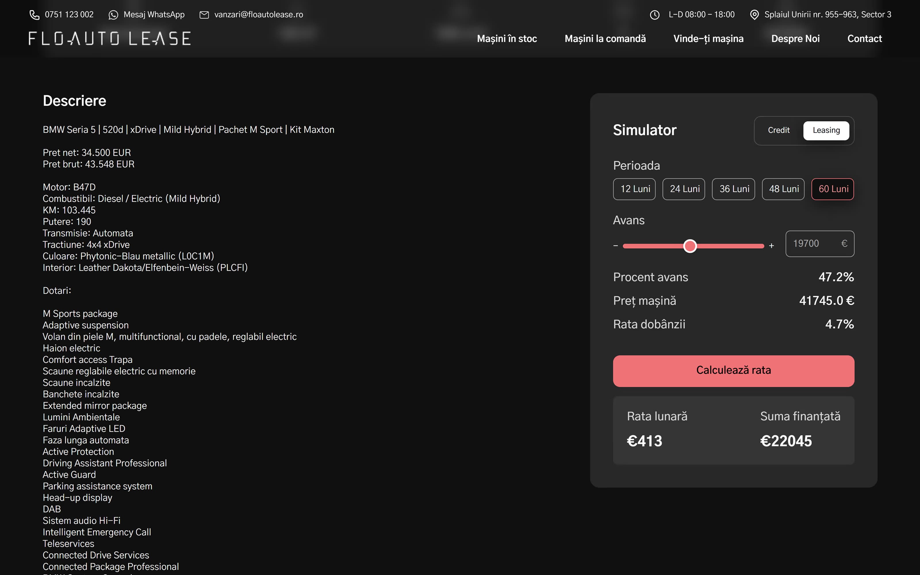 Leasing simulator on a vehicle page