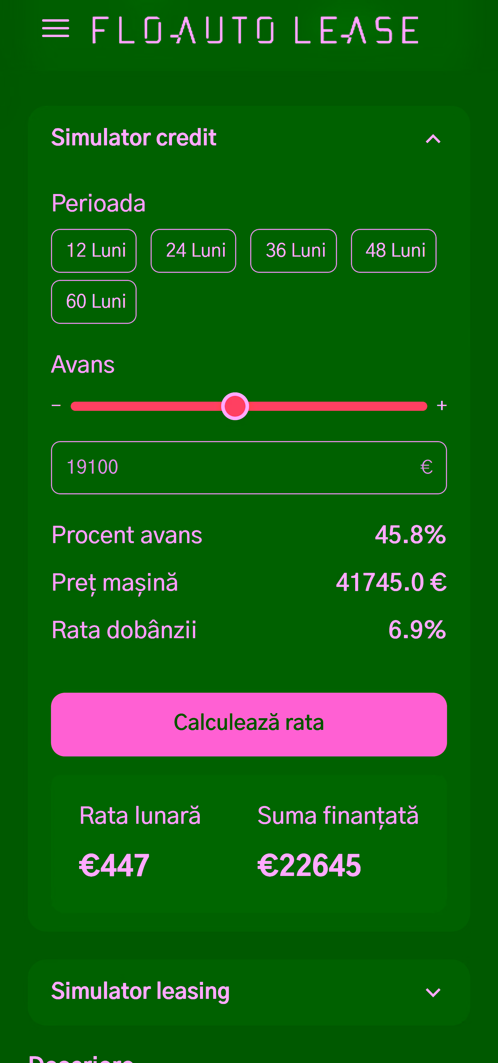 Leasing simulator on mobile