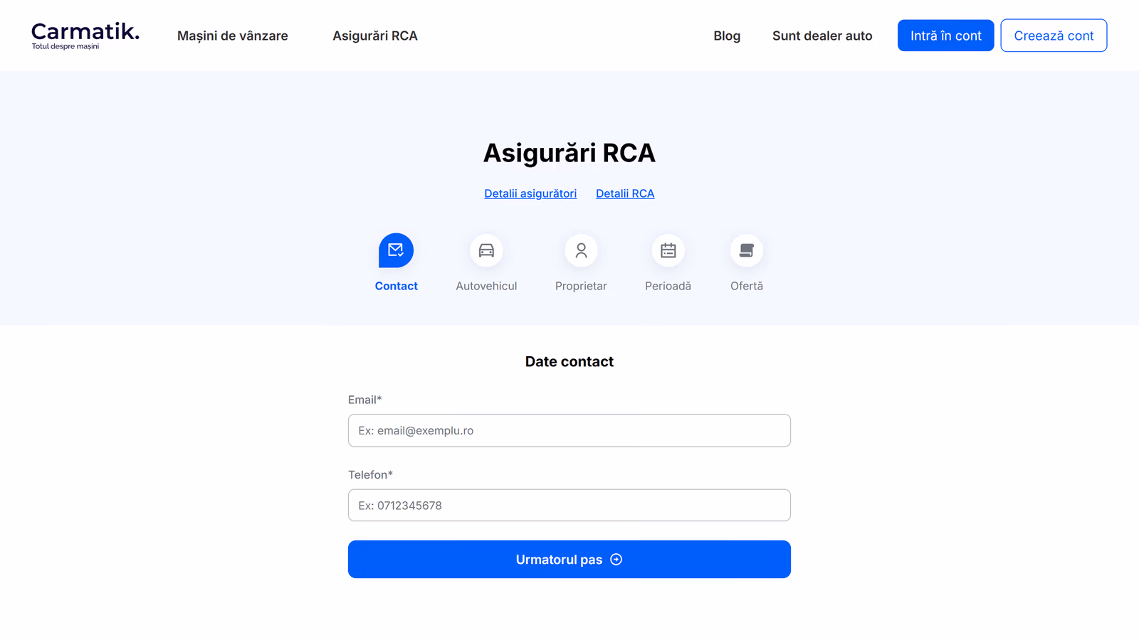 The Asigurări RCA purchase flow on carmatik.ro: the guest contact step with the five-step stepper (Contact, Vehicle, Owner, Period, Offers)