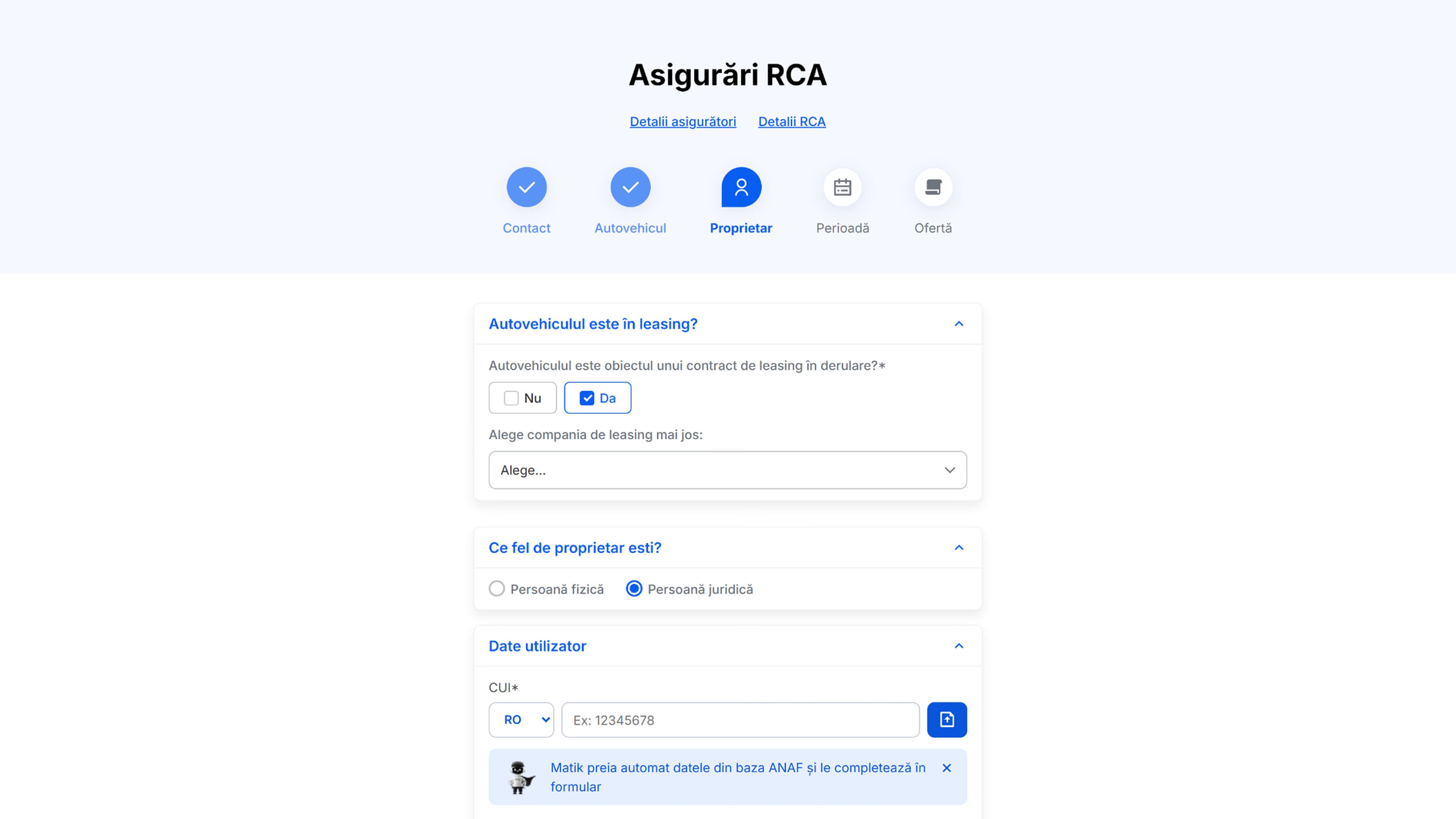 The Owner step for a company (PJ), where an ANAF CUI lookup auto-fills company data