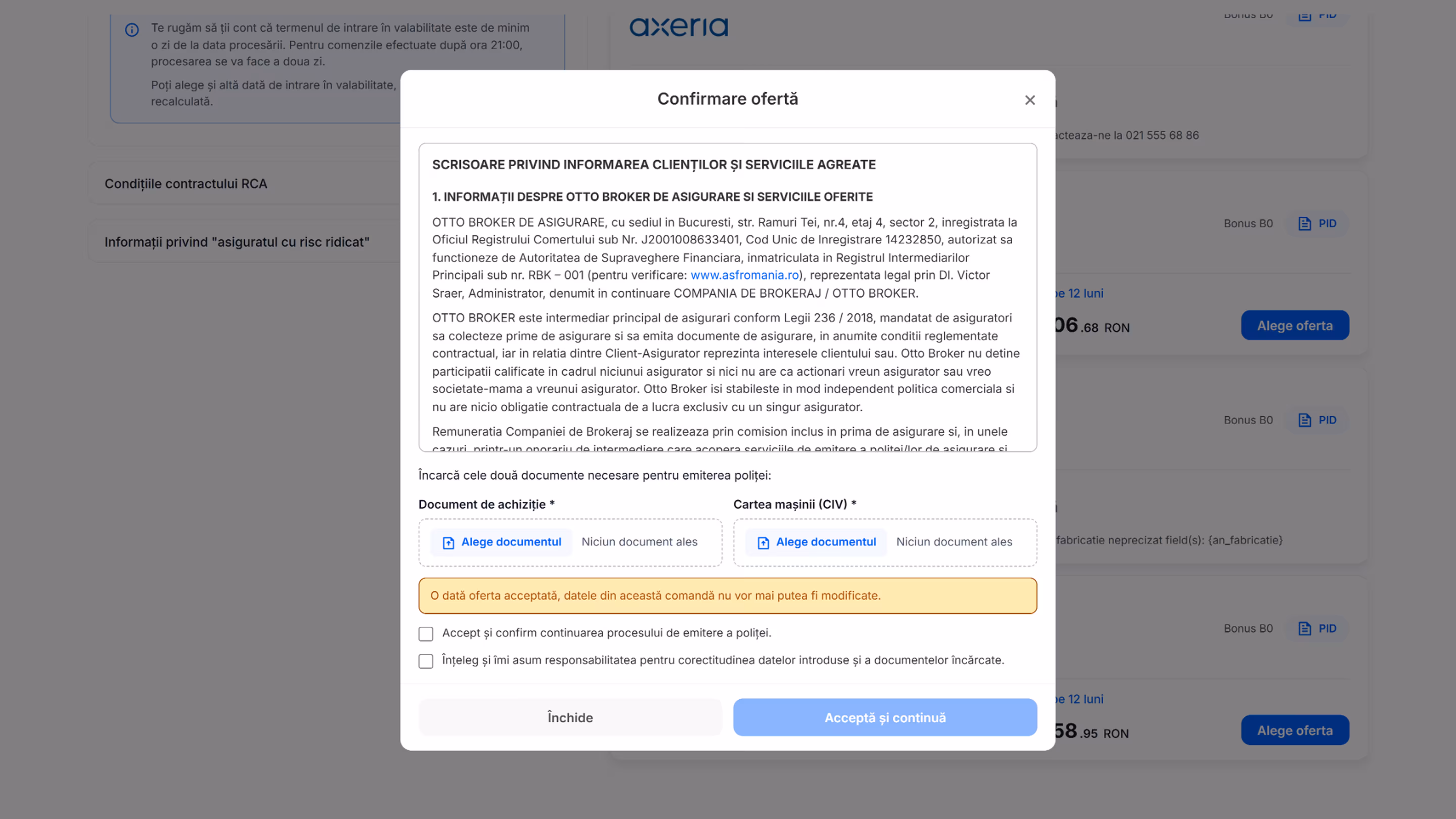 Document-upload modal in its empty state, with dual file inputs and a gated submit