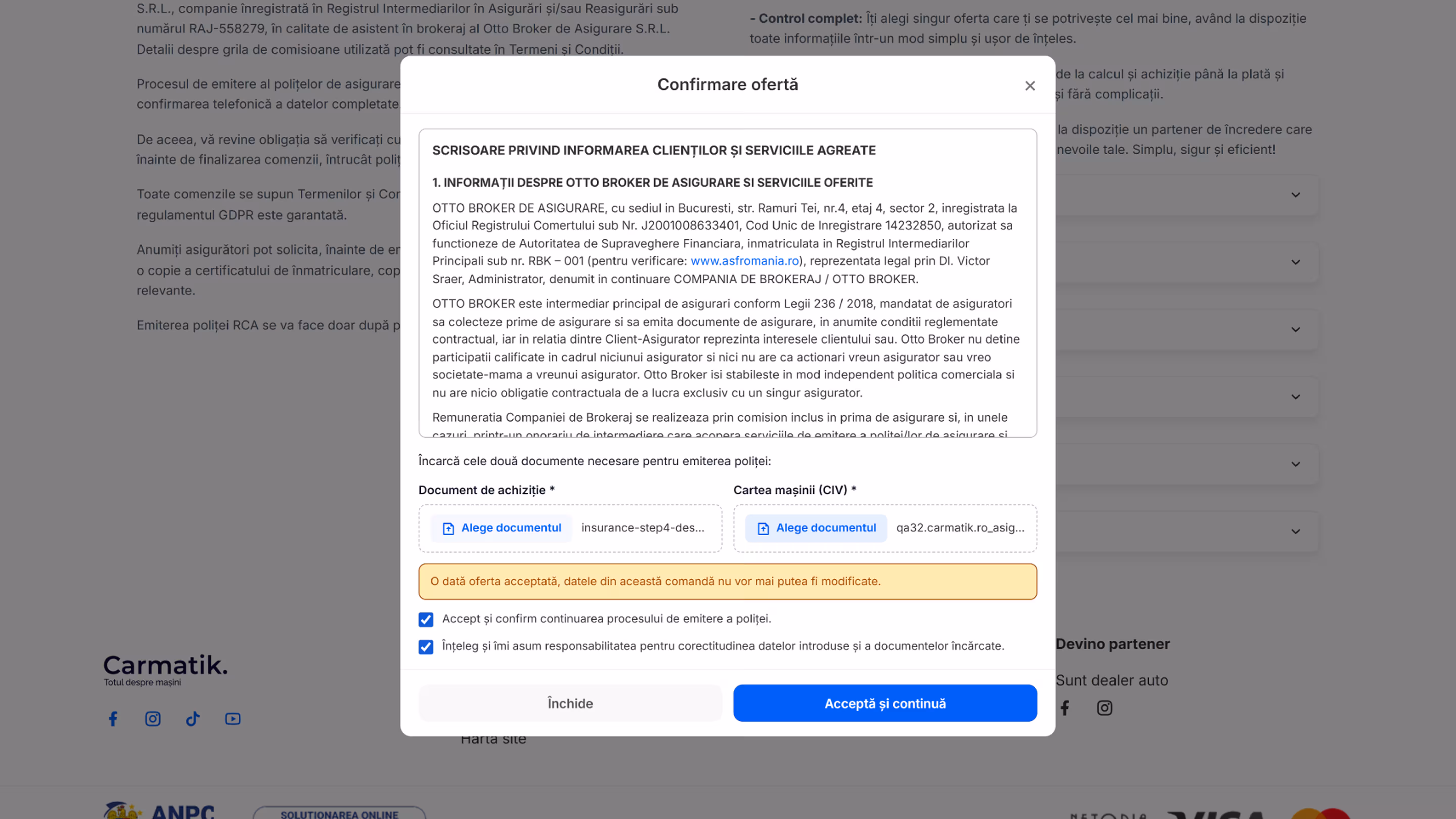 Document-upload modal with both documents uploaded and the submit unlocked