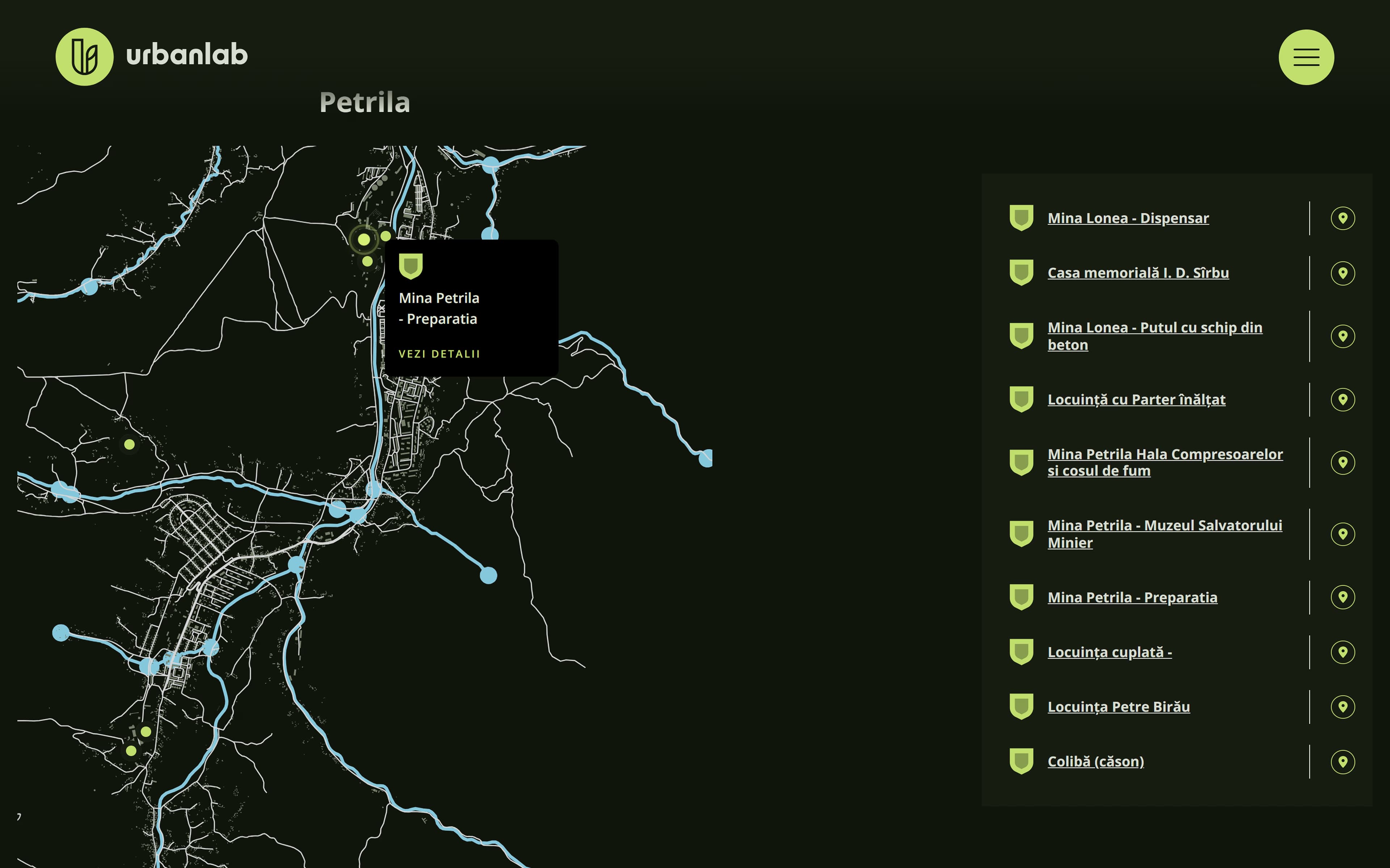 A tapped pin with the building's detail card open over the map